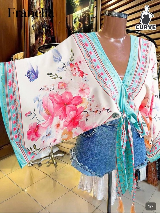 SHEIN Tops - SHEIN, Ladies, White Floral Tie-Front Kimono Blouse with Turquoise Trim XL NEW
